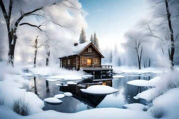 A serene winter scene with a frozen river, snow-covered trees, and a small wooden cabin