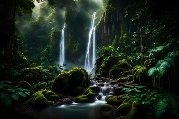 A misty waterfall hidden in a lush tropical rainforest.