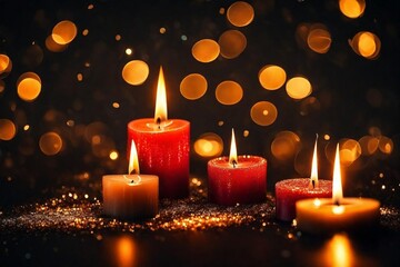 Colored Candles Burning with Abstract Blurred Lights on the Background