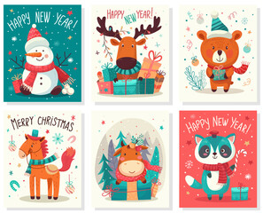 Fototapeta premium Merry Christmas and Happy New Year 2024 Vector trendy illustrations collection of holiday cards with forest, raccoon, lettering, Christmas tree and pine. Drawing for poster