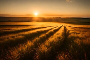 A panoramic view of a grassy plain at sunrise, with the sun casting a golden glow over the landscape
