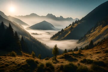 An ethereal misty morning in a mountain valley, with layers of fog creating a dreamy landscape - obrazy, fototapety, plakaty