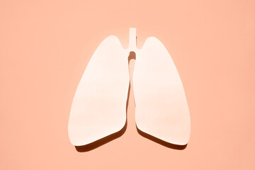 Anatomical lungs paper silhouette. The concept of healthy breathing. Flat lay. Peach fuzz is color...
