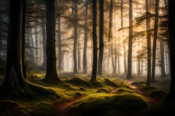 A misty forest scene in the early morning light