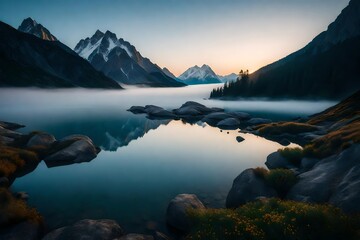 A serene alpine lake surrounded by towering mountains, with a blanket of fog rolling in at sunrise.