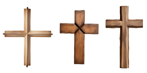 Set of Wooden Cross: Vintage Timber Cross Collection, Isolated on Transparent Background, PNG