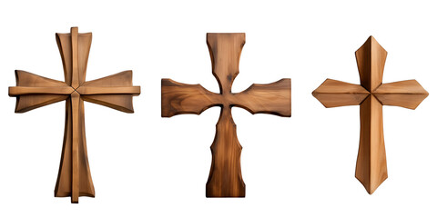 Set of Wooden Cross: Weathered Rustic Wood Cross Set, Isolated on Transparent Background, PNG - obrazy, fototapety, plakaty
