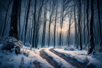 A remote, snow-covered forest in the twilight, with a path leading into the mysterious woods