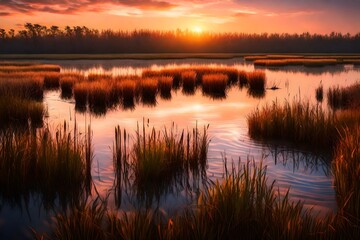 Fototapeta na wymiar An expansive marshland at sunset, with tall reeds, calm water, and a colorful sky