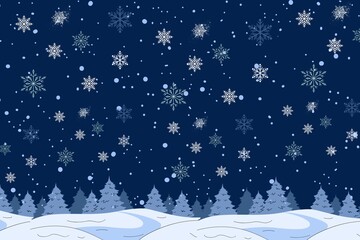 Snowy landscape with blue background, snowflakes falling on a wintry night. Beautiful background design with copy space