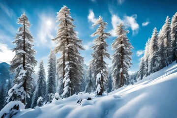 Fototapeta na wymiar A snowy alpine scene with pine trees and a clear blue sky