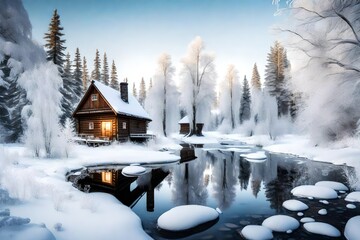 A serene winter scene with a frozen river, snow-covered trees, and a small wooden cabin