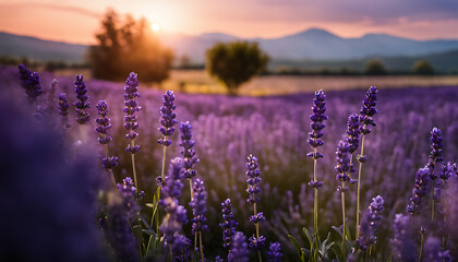 A field of purple lavender flowers is arranged neatly, with some in the foreground and more in the background, envisioning the scent of the lush floral landscape.