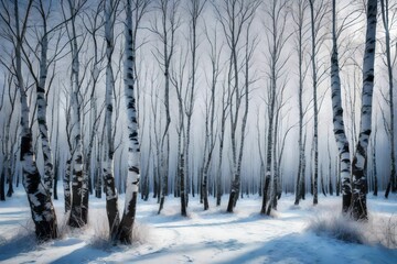 A frosty morning in a birch forest with the ground and trees covered in hoarfrost