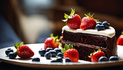 A large chocolate cake slice decorated with white frosting sits on a plate surrounded by fresh strawberries and blueberries, capturing the beauty and flavors of the elegant dessert display. s