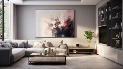 Grey living room with art drawer and furniture poster on the wal