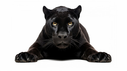 black leopard, panthera pardus, walking towards and staring at the camera, isolated. generative ai - obrazy, fototapety, plakaty