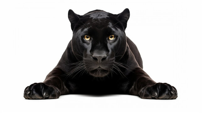 black leopard, panthera pardus, walking towards and staring at the camera, isolated. generative ai