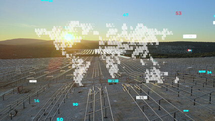 Trend of building new solar panel farms around the world. 3D render graphic