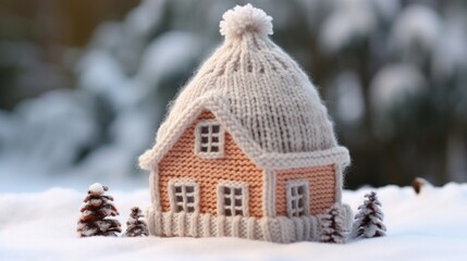 House in the snow. Beanie on model house. Preparing for winter