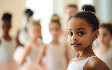 Black-skinned 7 years old ballerina in dance studio - ballet and dancer concept