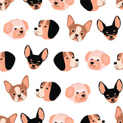 Cartoon seamless pattern with cute dog heads.Chihuahua, Bichon Frize, Boston Terrier and Labrador.Animal background with pets for printing on fabric and paper.Vector flat illustration on white.