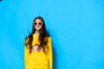 woman beautiful trendy fashion attractive sunglasses lifestyle girl yellow young studio