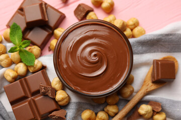 chocolate paste with a bowl on a table. 