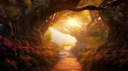 Magical forest path and tree tunnel at sunrise on spring