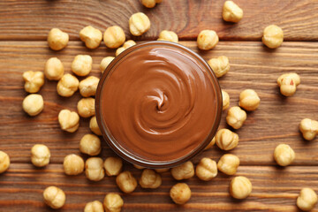 chocolate paste with a bowl on a table. 
