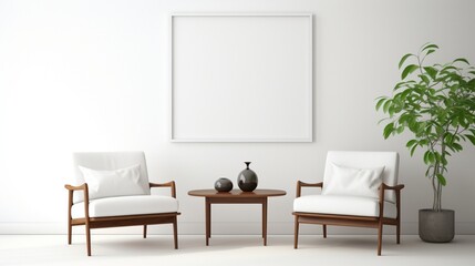 Minimalistic white living room interior with armchairs and coffee table