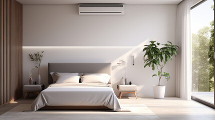 interior of a daylit room with a double bed and air conditioning, decorated with plants - obrazy, fototapety, plakaty