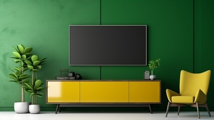 Mockup a TV wall mounted on green cabinet with yellow armchair in living room with a white wal