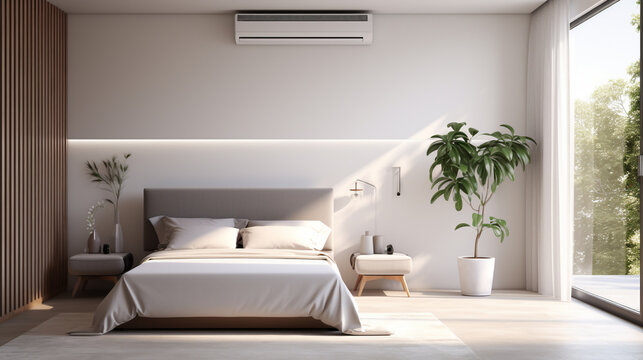 interior of a daylit room with a double bed and air conditioning, decorated with plants