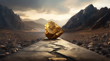  golden lodestone next to a mountain road, 16:9 © Christian