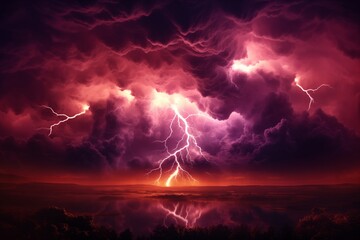 Fototapeta premium Dark Magenta Lightning and Clouds, Apocalyptic Traumacore, Nature's Essence Captured in Powerful, Colorful Explosions
