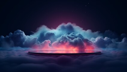 Dark Space Color Background with Circular Abstraction and Neon Installations, Abstract Cloudscape in Minimalist Style