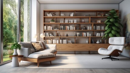 Modern contemporary and comfortable living room with cozy sofa chair wooden bookshelf