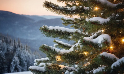 festively decorated Christmas tree in snowy forest. Picturesque