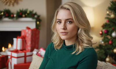 Fototapeta na wymiar blonde woman in green sweater gazes seriously at the camera by Christmas tree in cozy living room, capturing festive contemplation
