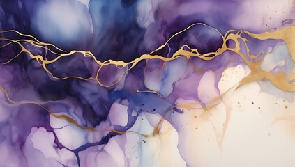 Purple and Gold Watercolor Illustration, Detailed Abstract, Light Gold and Dark Azure, Flowing Fabrics, Mural Painting Aesthetics