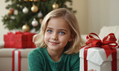 blonde girl smiles by Christmas tree in green sweater, exuding joy and excitement, capturing the festive spirit of the season