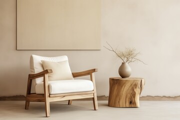 Rustic Wood and Beige Fabric Armchair Against Stucco Wall