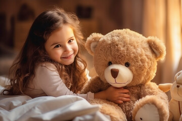 A girl with a teddy bear.