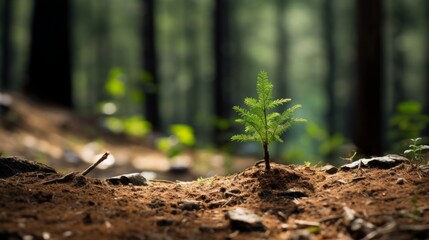small tree as the focus, isolated from other trees in the forest, photograph, high quality, copy space, 16:9 - obrazy, fototapety, plakaty