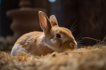 Fototapeta premium Rabbit in hay on eco-farm close-up. agriculture and farming concept