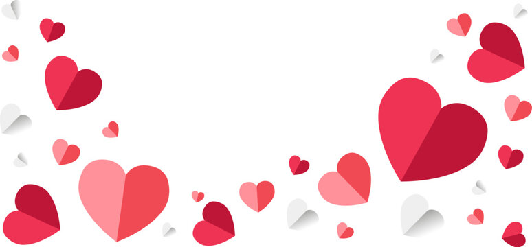 Red, pink and white flying hearts isolated on transparent background. Vector illustration. Paper cut decorations for Valentine's day border or frame design,