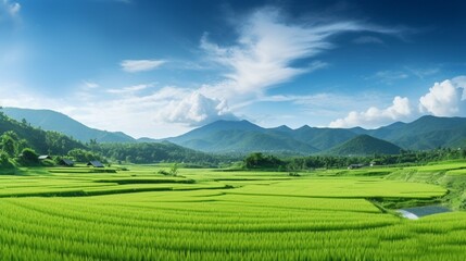 Panoramic view nature Landscape of a green field with rice