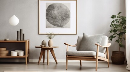 Patterned wooden armchair next to table in grey flat interior with poster above couch - obrazy, fototapety, plakaty