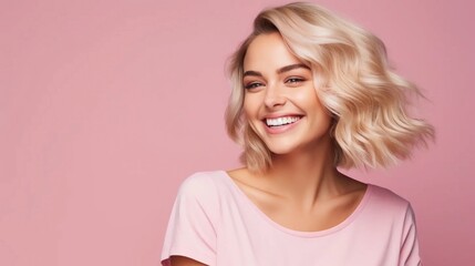 Happy blonde on pink background, young woman with beautiful hair, healthy complexion